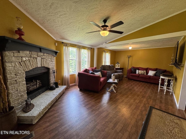 108 Hawn Dr, Crab Orchard, TN 37723 - living room featuring a textured ceiling, lofted ceiling, ceiling fan, wood finished floors, and crown molding