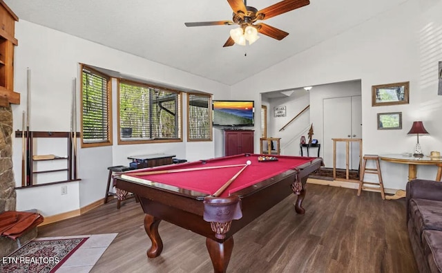 725 Sunshine Trl, Gatlinburg, TN 37738 - rec room with wood finished floors, billiards, lofted ceiling, ceiling fan, and baseboards