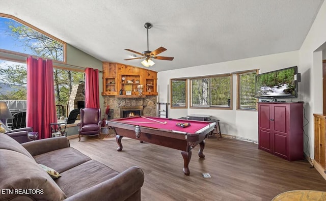 725 Sunshine Trl, Gatlinburg, TN 37738 - game room with lofted ceiling, a ceiling fan, dark wood-style flooring, billiards table, and a fireplace