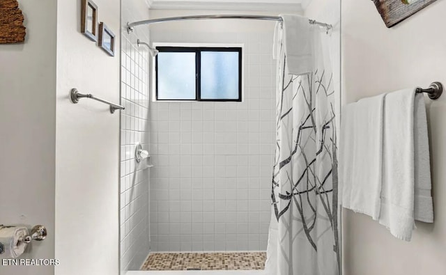 725 Sunshine Trl, Gatlinburg, TN 37738 - bathroom featuring tiled shower and ornamental molding