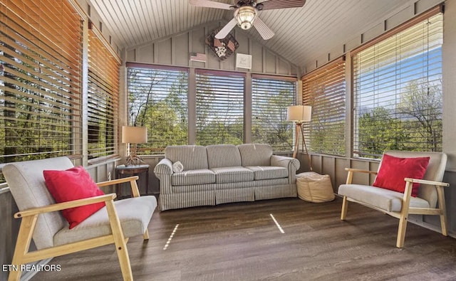 725 Sunshine Trl, Gatlinburg, TN 37738 - sunroom with vaulted ceiling, a ceiling fan, outdoor lounge area, wood finished floors, and plenty of natural light