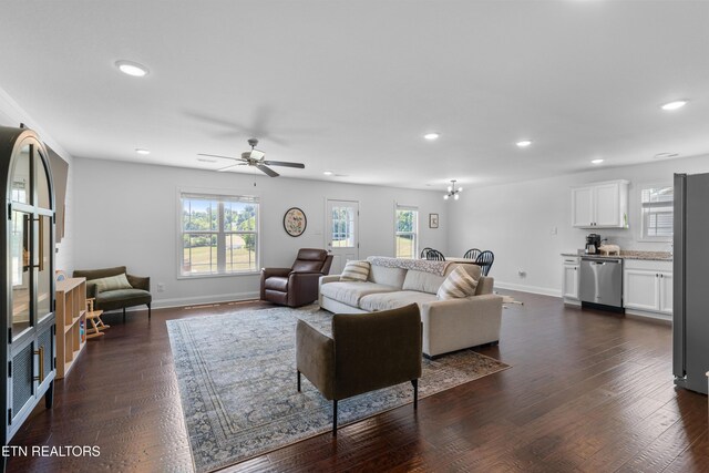 137 Storm Ln, Jacksboro, TN 37757 - living area with recessed lighting, healthy amount of natural light, baseboards, ceiling fan, and dark wood-style flooring