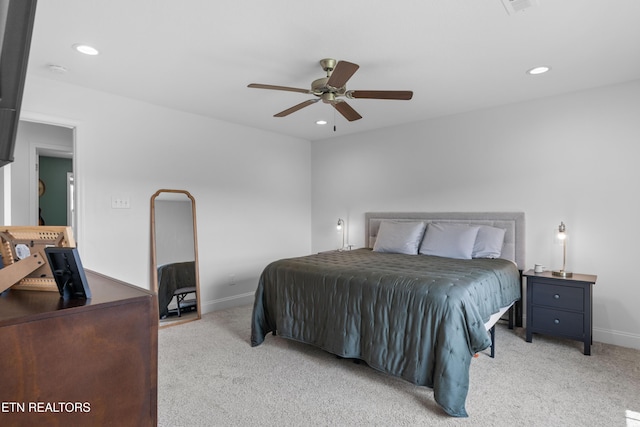 137 Storm Ln, Jacksboro, TN 37757 - bedroom featuring light colored carpet, recessed lighting, baseboards, and ceiling fan