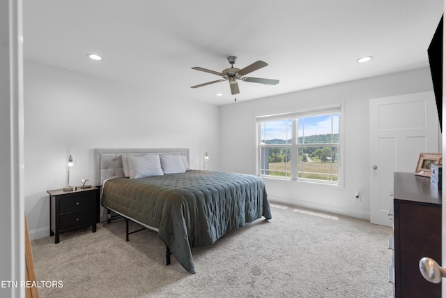 137 Storm Ln, Jacksboro, TN 37757 - bedroom featuring light carpet, baseboards, recessed lighting, and ceiling fan