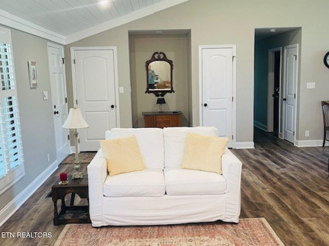 834 Hinkle Estates Dr, Seymour, TN 37865 - living room featuring lofted ceiling, wood finished floors, baseboards, and wood ceiling