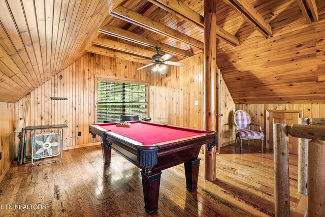 2295 Bluff Mountain Rd, Sevierville, TN 37876 - playroom with wood ceiling, wooden walls, hardwood / wood-style flooring, billiards, and a ceiling fan