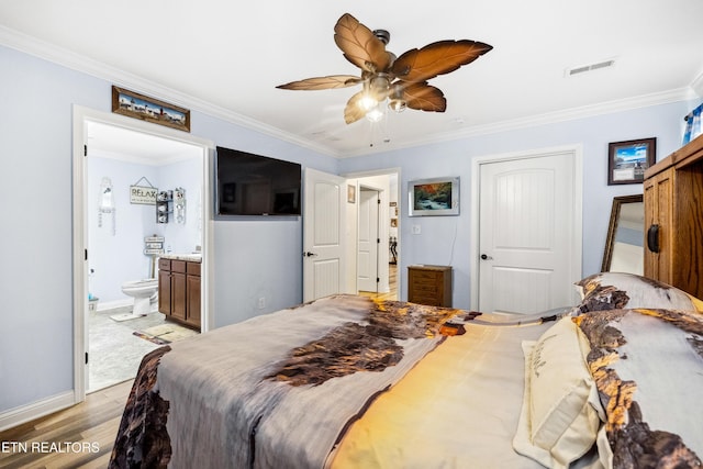 151 Utsesti Way, Loudon, TN 37774 - bedroom with light wood-style floors, ornamental molding, baseboards, connected bathroom, and a ceiling fan