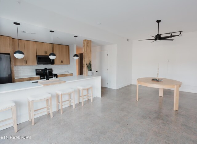 3415 N Broadway St Unit 105, Knoxville, TN 37917 - kitchen featuring backsplash, finished concrete floors, a breakfast bar area, and baseboards