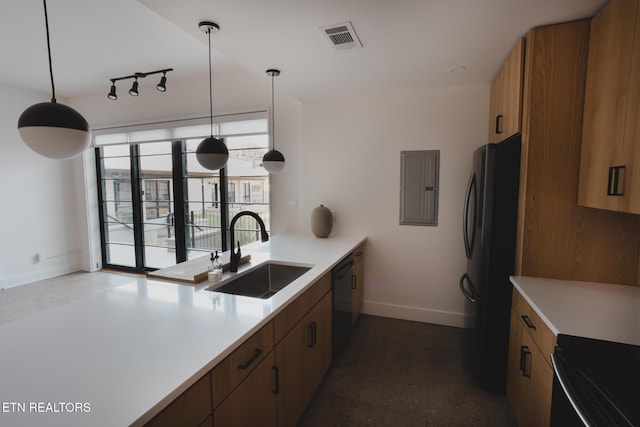 3415 N Broadway St Unit 105, Knoxville, TN 37917 - kitchen featuring a sink, electric panel, freestanding refrigerator, baseboards, and dishwashing machine