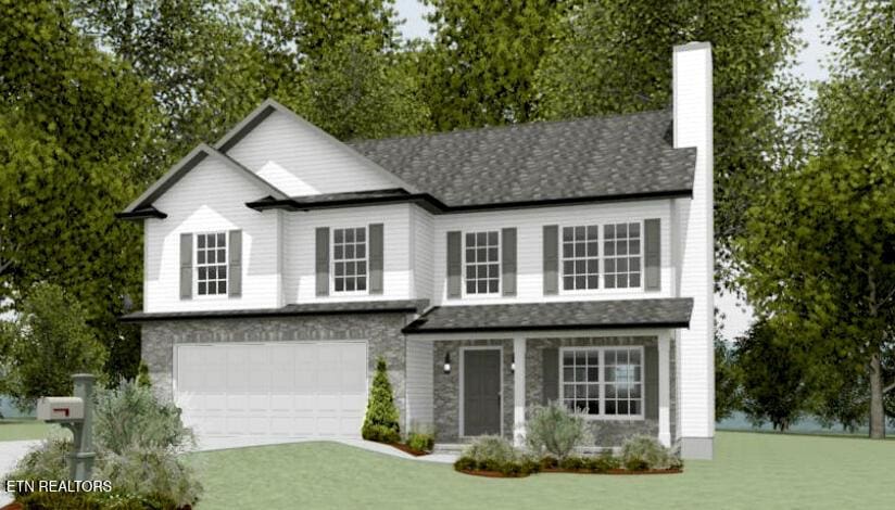7949 Tree Line Ln, Corryton, TN 37721 - view of front of property featuring a garage, a chimney, a front yard, and concrete driveway