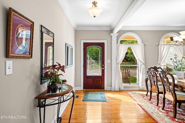 300 County Road 876, Englewood, TN 37329 - foyer with light wood-type flooring, ornamental molding, a chandelier, and baseboards