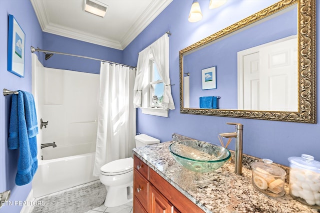 300 County Road 876, Englewood, TN 37329 - full bath featuring vanity, shower / tub combo with curtain, toilet, ornamental molding, and tile patterned flooring