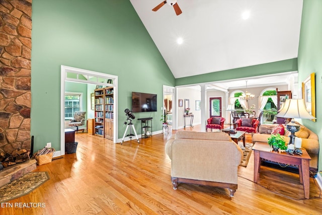 300 County Road 876, Englewood, TN 37329 - living room featuring high vaulted ceiling, decorative columns, a ceiling fan, light wood-style flooring, and recessed lighting