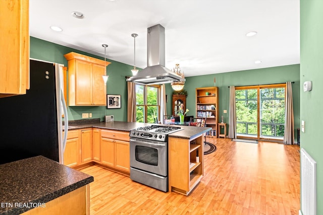 300 County Road 876, Englewood, TN 37329 - kitchen featuring island exhaust hood, appliances with stainless steel finishes, a peninsula, light brown cabinets, and dark countertops