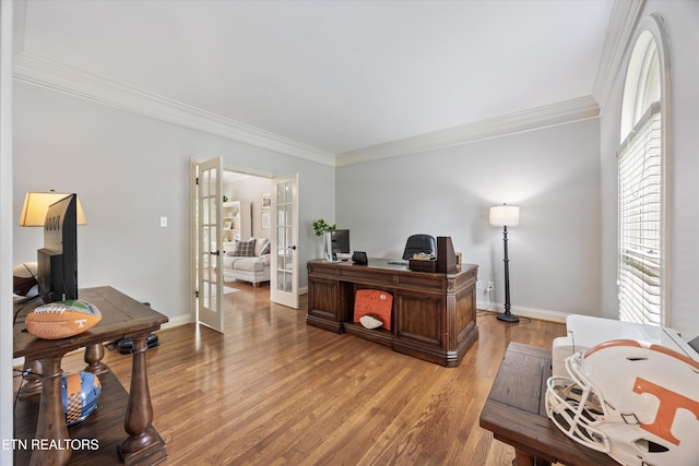 11919 Burnside Pl, Knoxville, TN 37934 - office space with french doors, ornamental molding, light wood-type flooring, and baseboards
