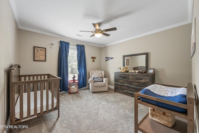 11919 Burnside Pl, Knoxville, TN 37934 - carpeted bedroom featuring ornamental molding, a nursery area, and ceiling fan