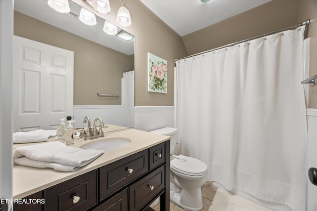11919 Burnside Pl, Knoxville, TN 37934 - bathroom featuring toilet, vanity, tile patterned floors, and curtained shower