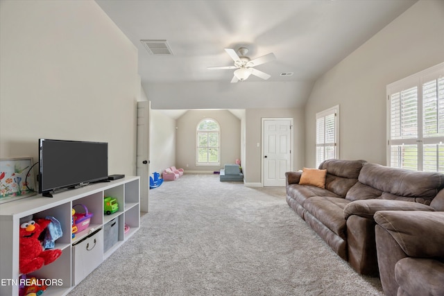 11919 Burnside Pl, Knoxville, TN 37934 - living room with ceiling fan, carpet flooring, vaulted ceiling, and baseboards