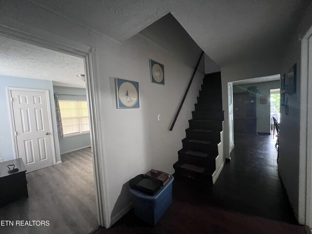 151 Davis Rd, Sneedville, TN 37869 - hallway with a textured ceiling, stairway, wood finished floors, and baseboards