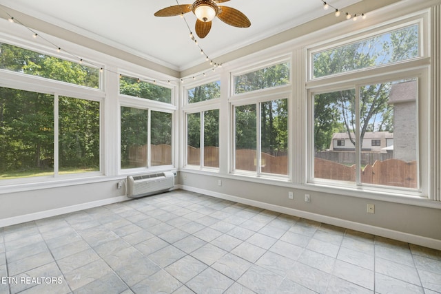 926 Andover View Ln, Knoxville, TN 37922 - unfurnished sunroom with baseboards, tile patterned flooring, a wall mounted air conditioner, and crown molding