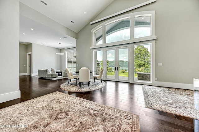 201 Crown Jewel Ln, Lafollette, TN 37766 - living room featuring french doors, hardwood / wood-style floors, high vaulted ceiling, baseboards, and recessed lighting