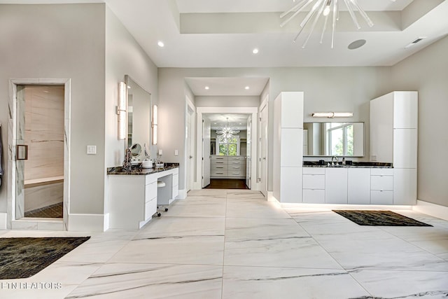 201 Crown Jewel Ln, Lafollette, TN 37766 - full bathroom with recessed lighting, two vanities, a shower stall, plenty of natural light, and a chandelier