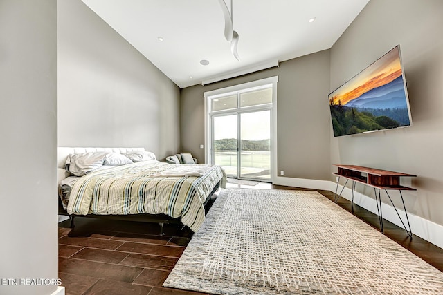 201 Crown Jewel Ln, Lafollette, TN 37766 - bedroom with access to outside, baseboards, wood finished floors, and high vaulted ceiling