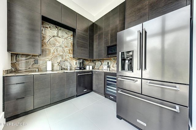 201 Crown Jewel Ln, Lafollette, TN 37766 - kitchen featuring high end fridge, wine cooler, light tile patterned floors, and modern cabinets