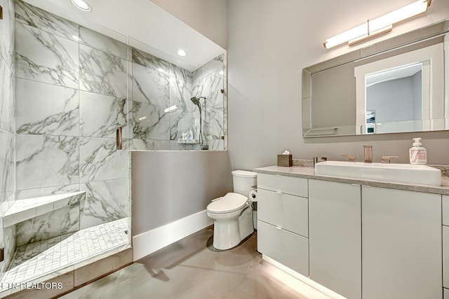 201 Crown Jewel Ln, Lafollette, TN 37766 - bathroom featuring vanity, toilet, a marble finish shower, recessed lighting, and baseboards