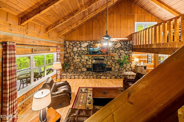 4620 Teague Branch Rd, Hartford, TN 37753 - living room with wood ceiling with exposed beams, wood finished floors, a wood stove, wooden walls, and high vaulted ceiling