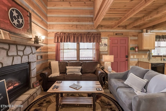 1918 Charles Lewis Way Unit 3, Sevierville, TN 37876 - living area featuring wood walls, a fireplace, and wooden ceiling with exposed beams