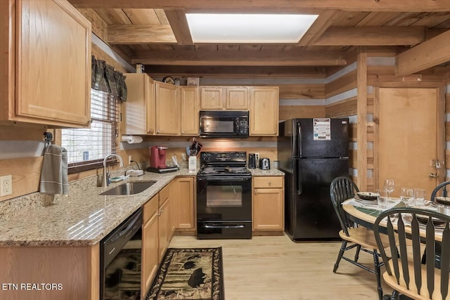 1918 Charles Lewis Way Unit 3, Sevierville, TN 37876 - kitchen featuring black appliances, a sink, wooden ceiling with exposed beams, light brown cabinetry, and light wood finished floors
