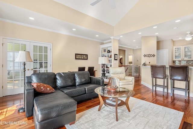 460 Morning Dove Dr, Vonore, TN 37885 - living area with ceiling fan, crown molding, wood finished floors, recessed lighting, and lofted ceiling