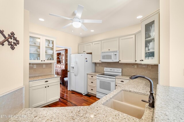 460 Morning Dove Dr, Vonore, TN 37885 - kitchen with white appliances, a sink, ceiling fan, backsplash, and dark wood-type flooring