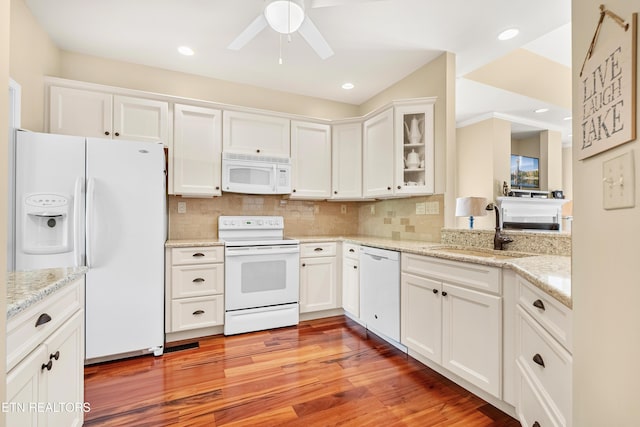 460 Morning Dove Dr, Vonore, TN 37885 - kitchen with white appliances, a sink, a ceiling fan, white cabinets, and glass insert cabinets