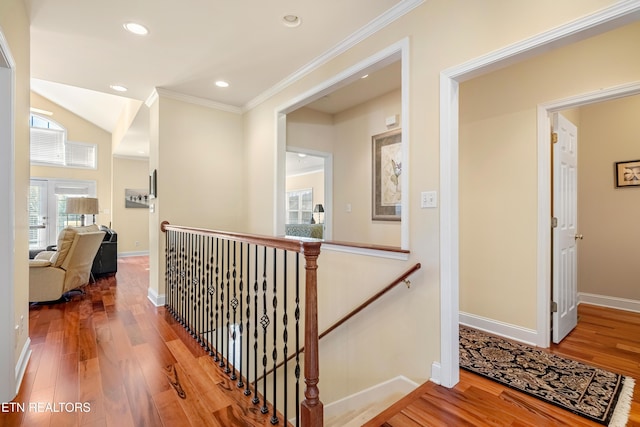 460 Morning Dove Dr, Vonore, TN 37885 - hallway with an upstairs landing, wood finished floors, ornamental molding, baseboards, and recessed lighting