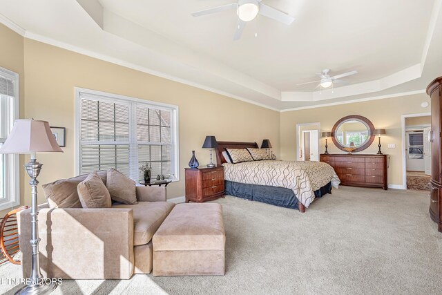 460 Morning Dove Dr, Vonore, TN 37885 - bedroom featuring a raised ceiling, light colored carpet, baseboards, ceiling fan, and ornamental molding