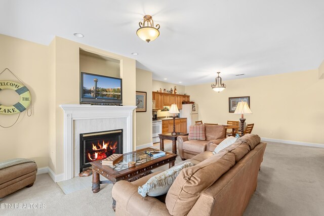 460 Morning Dove Dr, Vonore, TN 37885 - living area featuring light carpet, a high end fireplace, baseboards, and recessed lighting