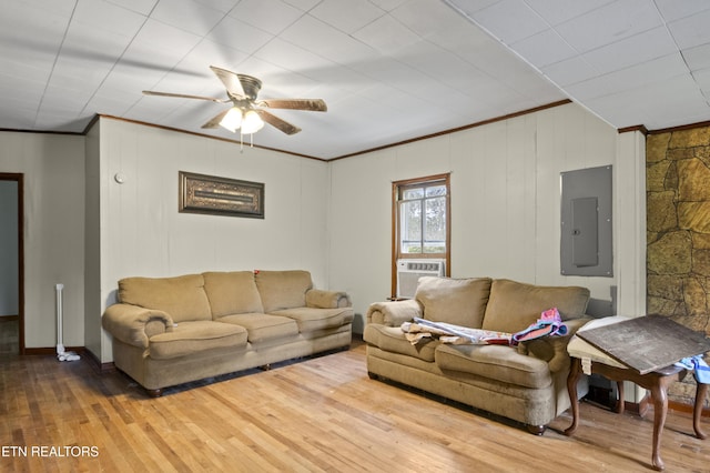 138 Bethlehem Ln, Lafollette, TN 37766 - living area featuring electric panel, crown molding, ceiling fan, wood finished floors, and baseboards