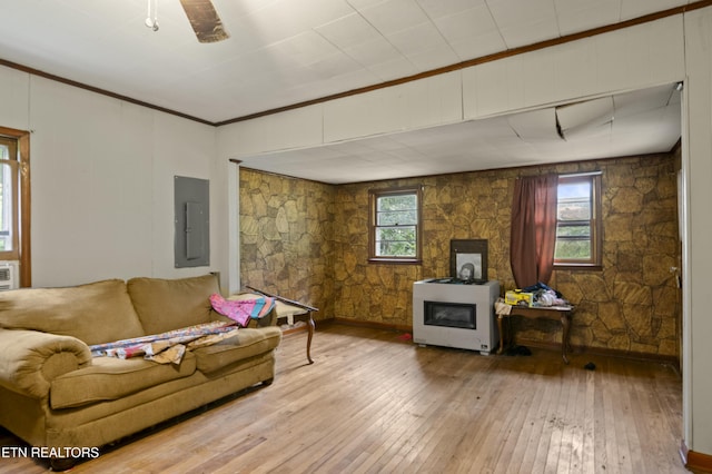 138 Bethlehem Ln, Lafollette, TN 37766 - living area featuring electric panel, wood-type flooring, and ornamental molding