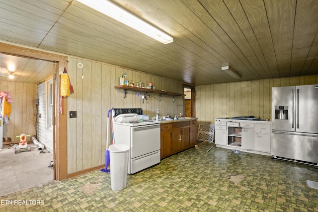 138 Bethlehem Ln, Lafollette, TN 37766 - kitchen with stainless steel refrigerator with ice dispenser, white electric stove, wooden walls, wooden ceiling, and open shelves