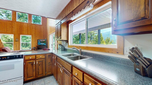 1464 Blue Mill Rd, Del Rio, TN 37727 - kitchen featuring white range with electric cooktop, a sink, light tile patterned floors, brown cabinets, and wood walls