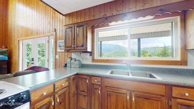 1464 Blue Mill Rd, Del Rio, TN 37727 - kitchen featuring a sink, white range oven, brown cabinetry, and wooden walls