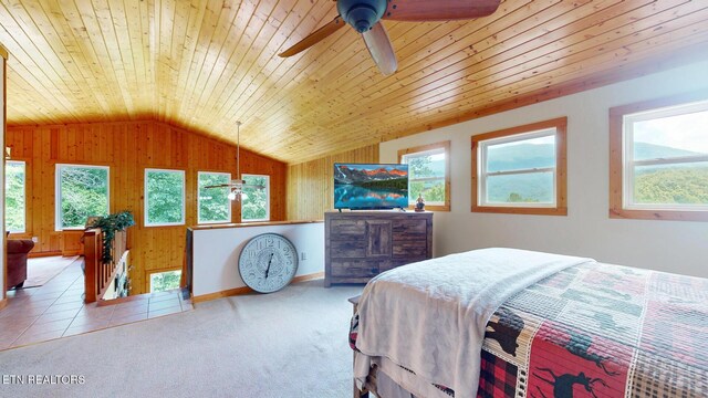 1464 Blue Mill Rd, Del Rio, TN 37727 - bedroom featuring wooden ceiling, wood walls, lofted ceiling, carpet flooring, and baseboards