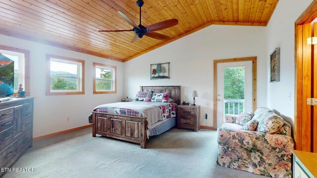 1464 Blue Mill Rd, Del Rio, TN 37727 - bedroom with multiple windows, wood ceiling, lofted ceiling, light colored carpet, and baseboards
