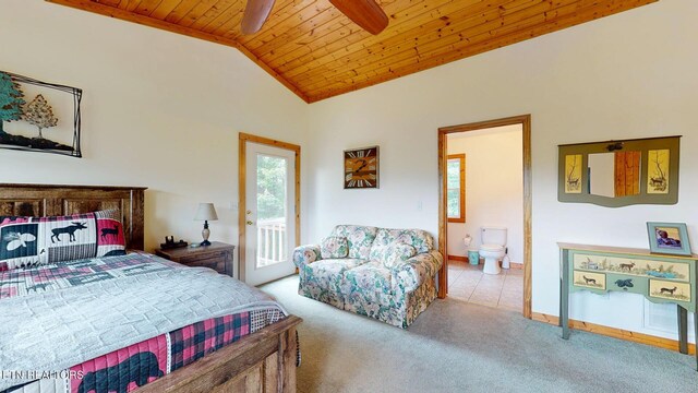1464 Blue Mill Rd, Del Rio, TN 37727 - bedroom with wooden ceiling, vaulted ceiling, access to exterior, carpet floors, and ensuite bathroom