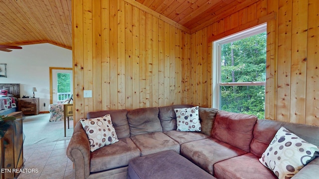 1464 Blue Mill Rd, Del Rio, TN 37727 - living area with lofted ceiling, healthy amount of natural light, wooden ceiling, wooden walls, and a ceiling fan