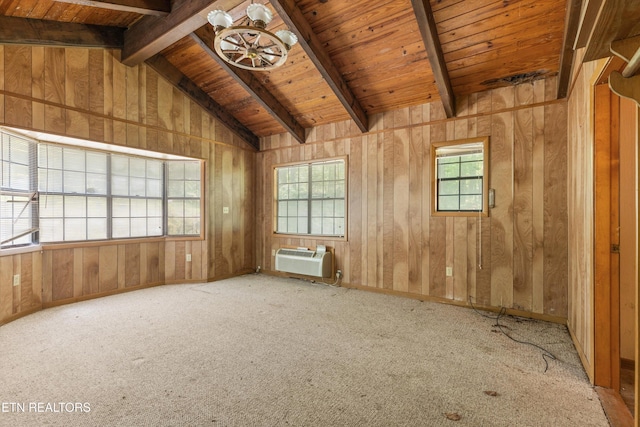 4539 Houge Way, Cosby, TN 37722 - carpeted spare room with a chandelier, wooden ceiling, wood walls, and an AC wall unit