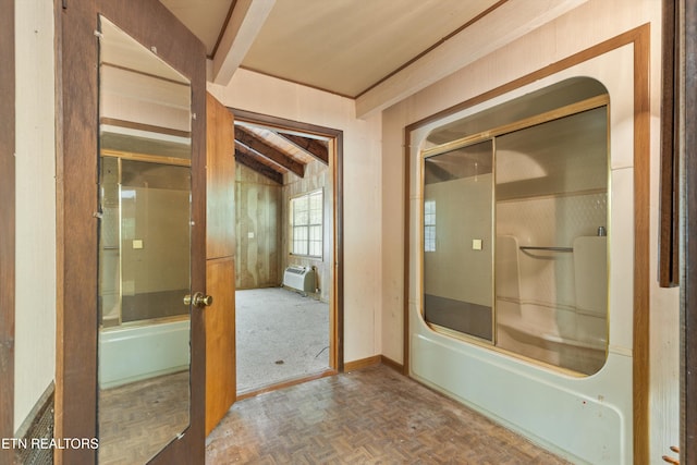4539 Houge Way, Cosby, TN 37722 - bathroom with enclosed tub / shower combo, beamed ceiling, and a wall unit AC