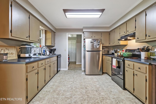 3341 Tabor Loop, Crossville, TN 38571 - kitchen featuring stainless steel appliances, under cabinet range hood, a sink, dark countertops, and ornamental molding
